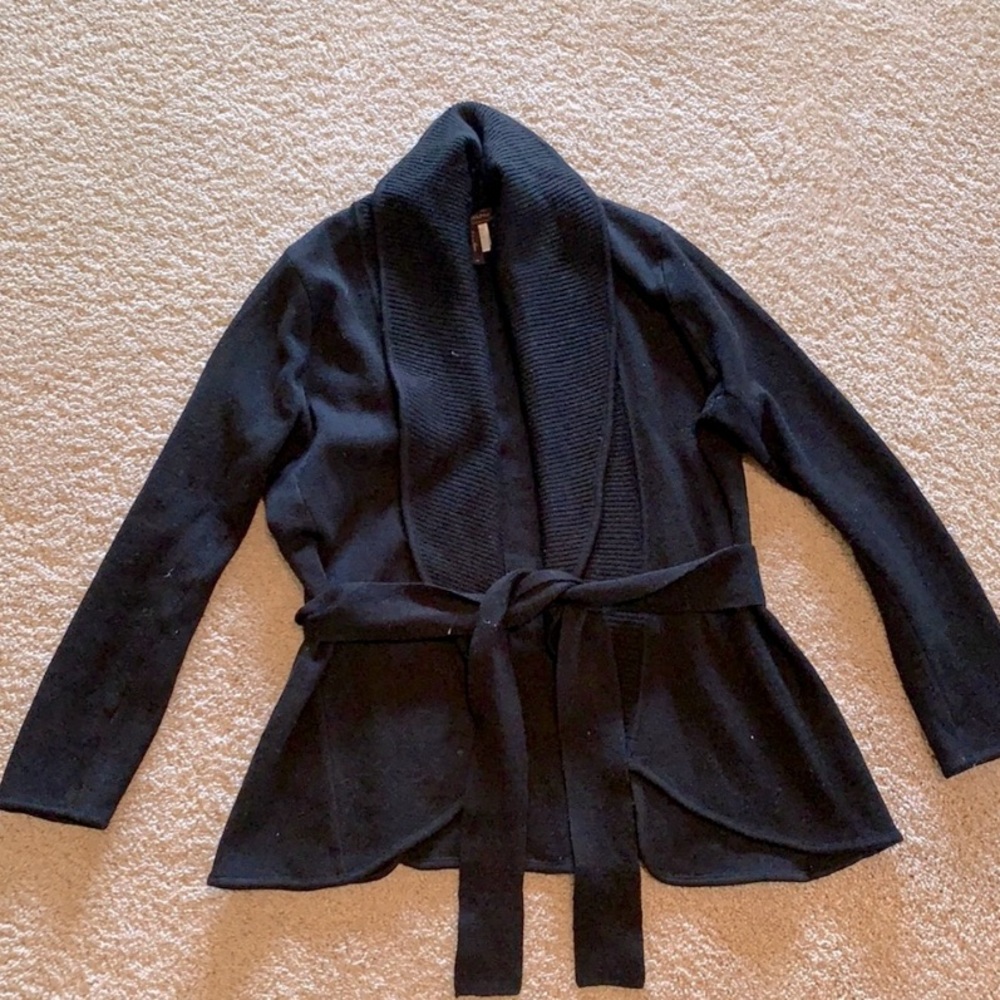 Cardigan with Ribbed Collar and Waist Tie